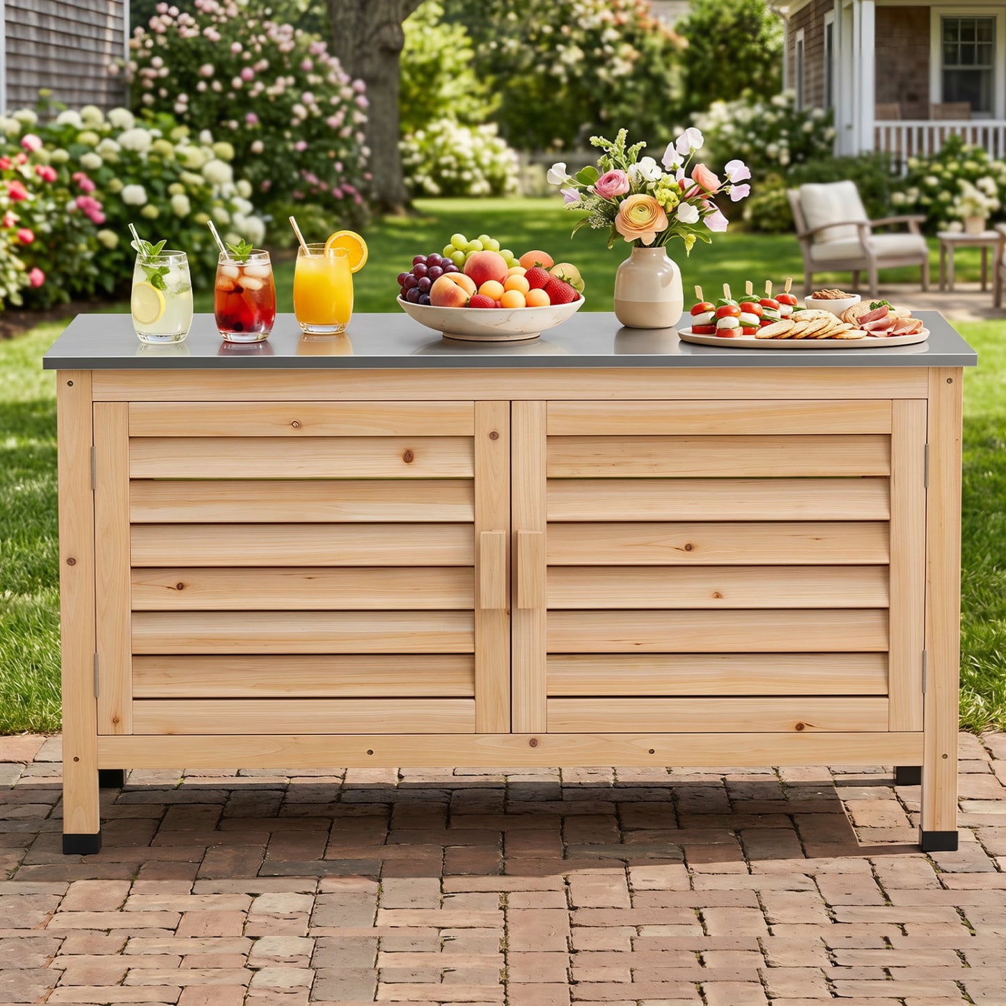 Patio Storage Cabinet, Stainless Steel Countertop, Natural