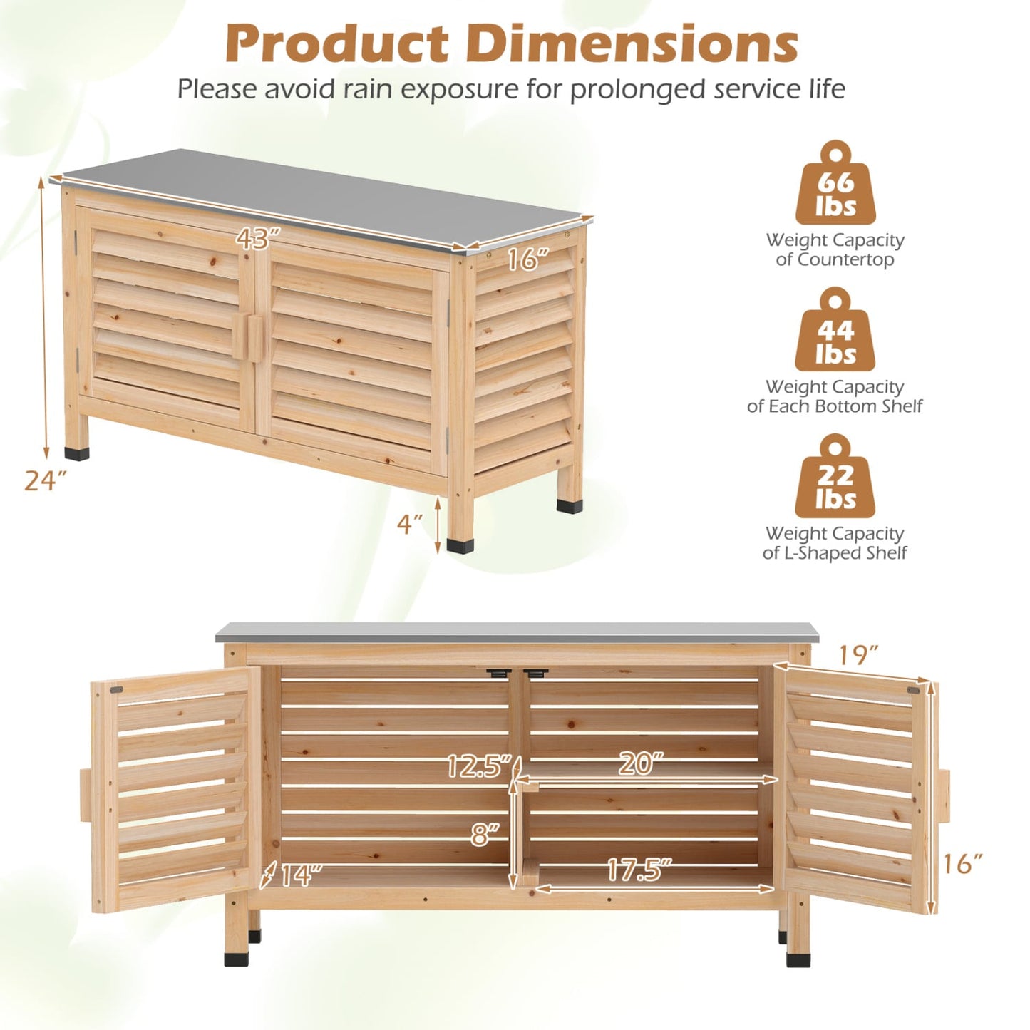 Patio Storage Cabinet, Stainless Steel Countertop, Natural