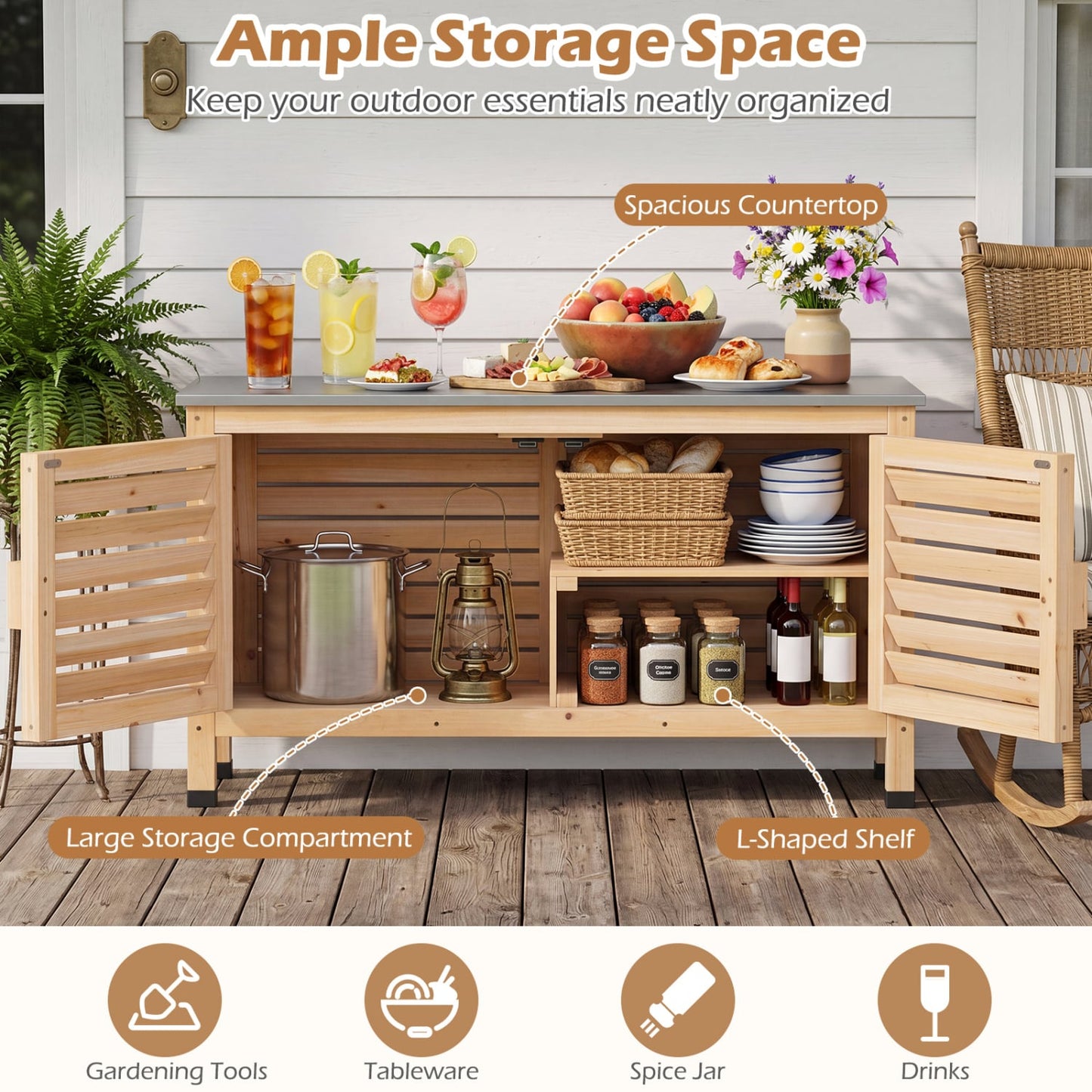 Patio Storage Cabinet, Stainless Steel Countertop, Natural