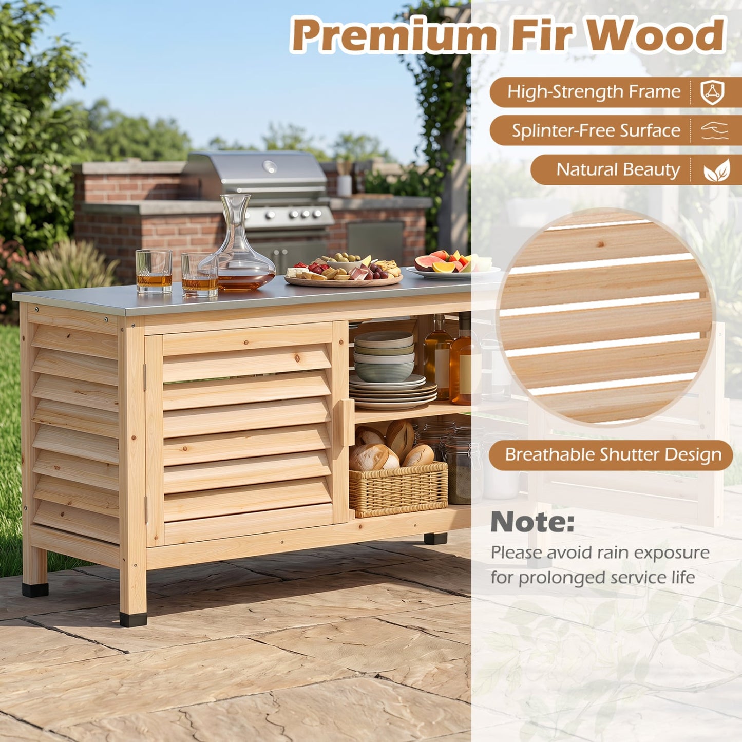 Patio Storage Cabinet, Stainless Steel Countertop, Natural