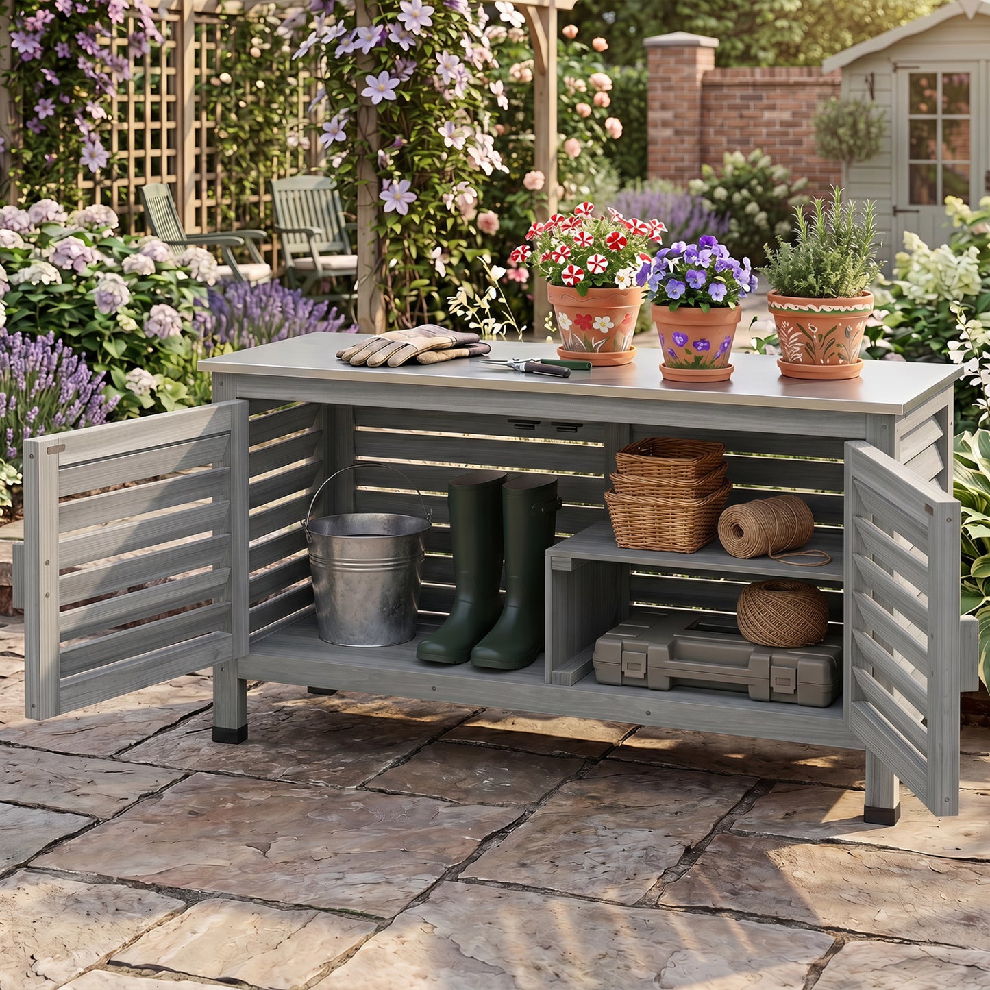 Armoire de rangement pour patio, plan de travail en acier inoxydable, gris