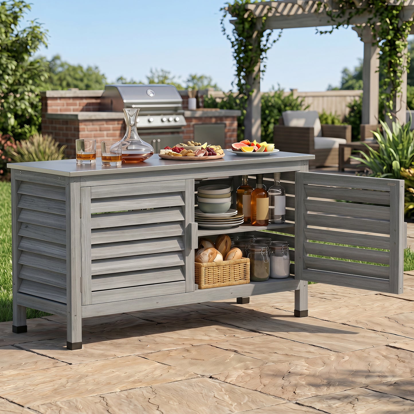 Armoire de rangement pour patio, plan de travail en acier inoxydable, gris