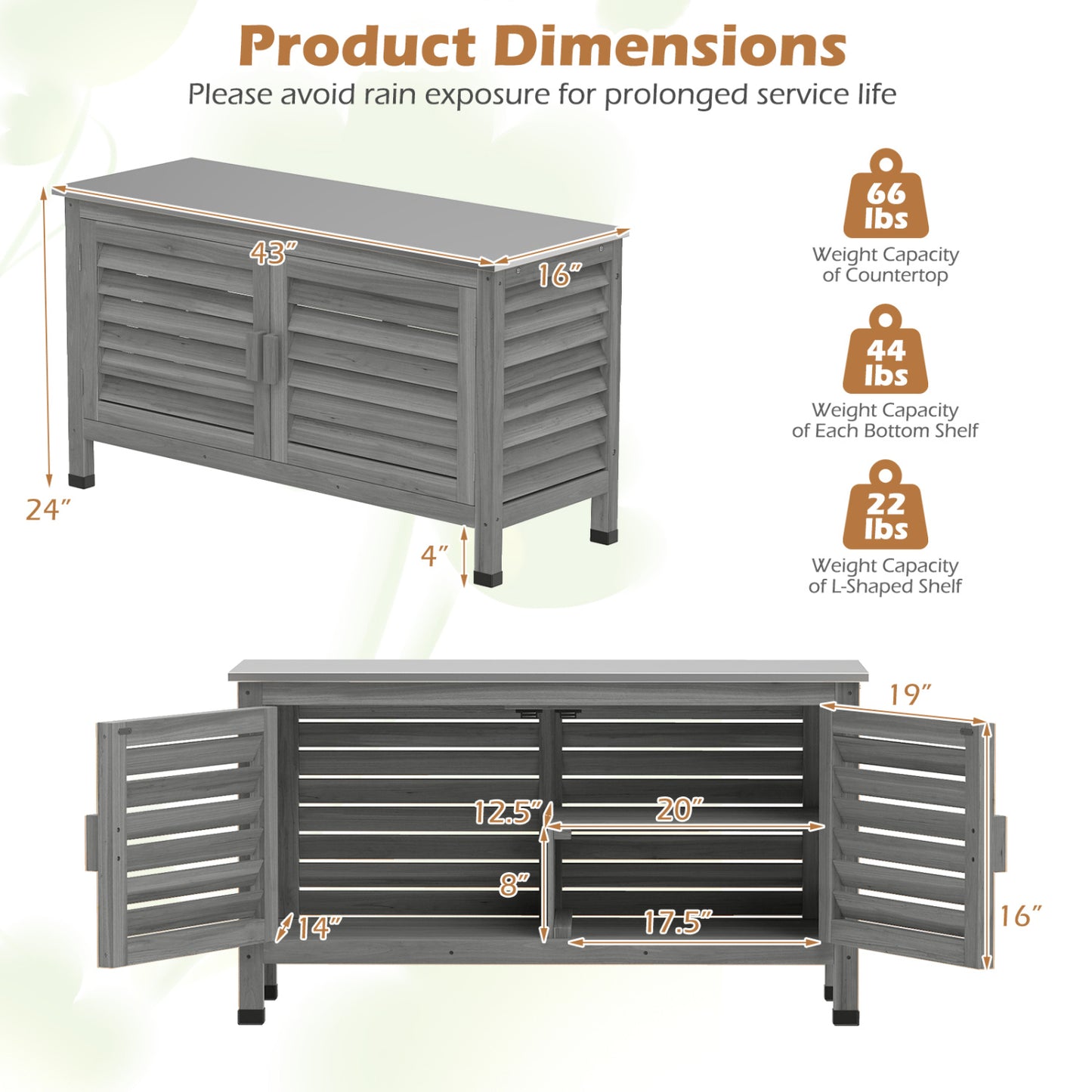 Armoire de rangement pour patio, plan de travail en acier inoxydable, gris