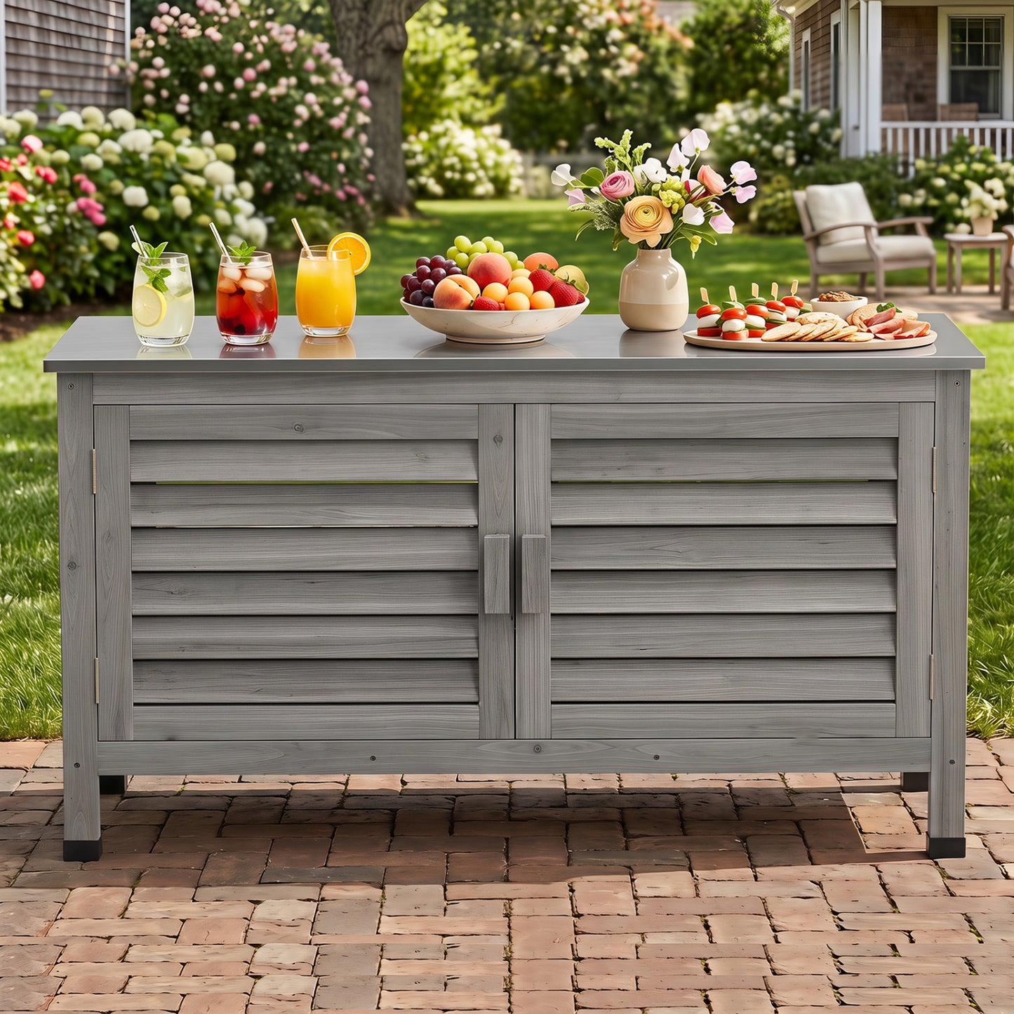 Armoire de rangement pour patio, plan de travail en acier inoxydable, gris