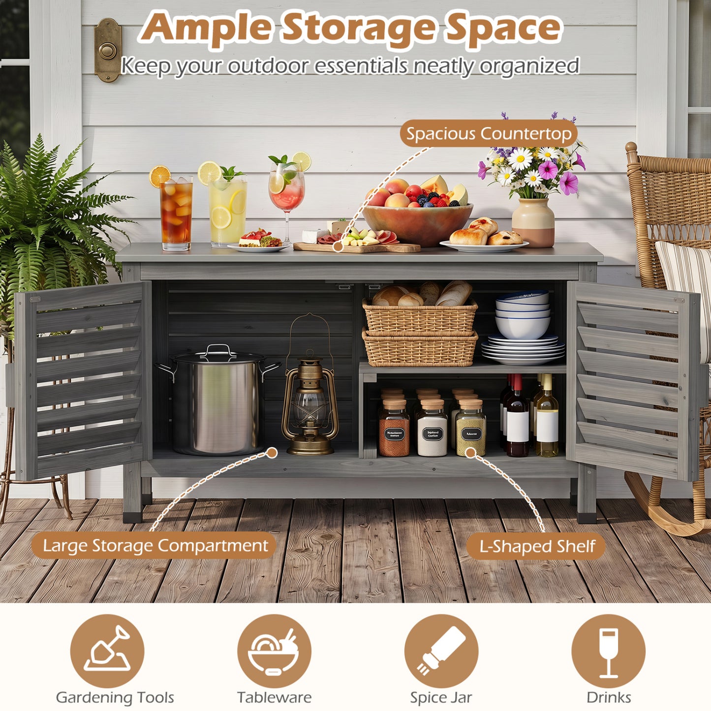 Armoire de rangement pour patio, plan de travail en acier inoxydable, gris