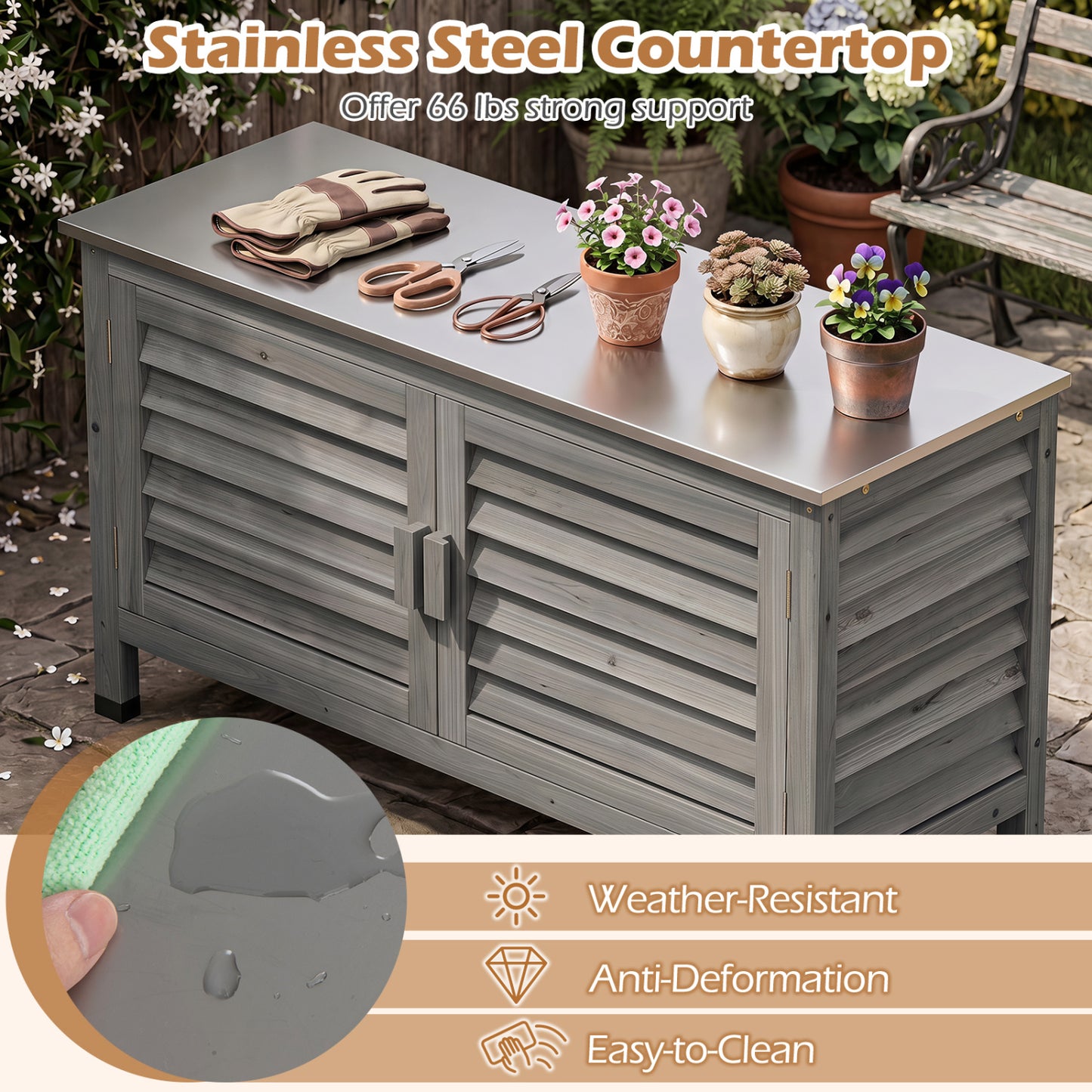 Armoire de rangement pour patio, plan de travail en acier inoxydable, gris