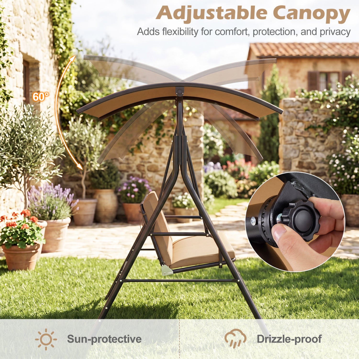 Patio Swing Chair with Adjustable Canopy & Removable Cushion and Metal Stand, Beige Porch Swings at Gallery Canada