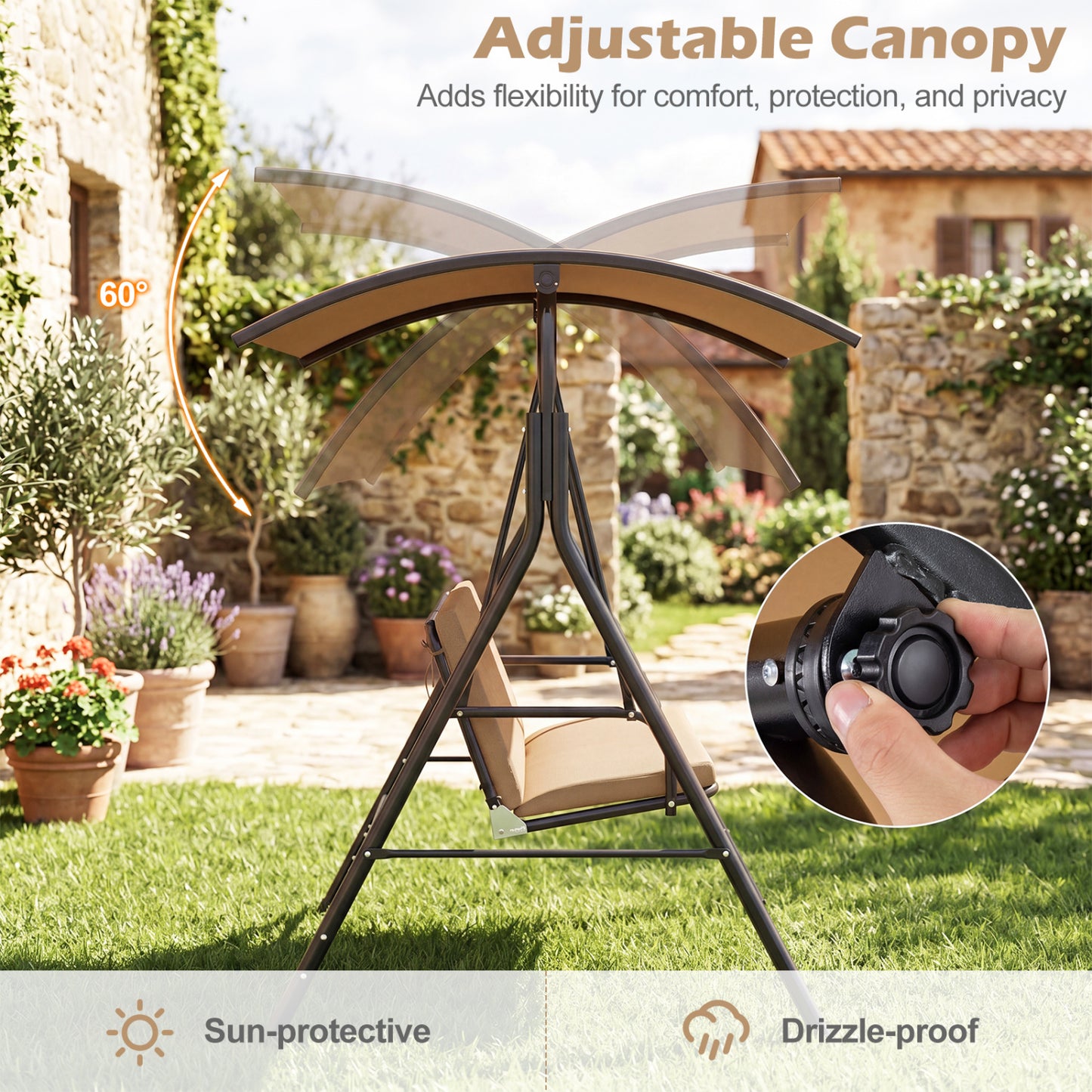 Patio Swing Chair with Adjustable Canopy & Removable Cushion and Metal Stand, Beige Porch Swings at Gallery Canada