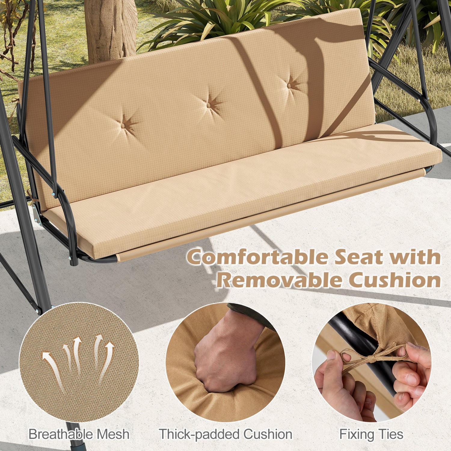 Patio Swing Chair with Adjustable Canopy & Removable Cushion and Metal Stand, Beige Porch Swings at Gallery Canada