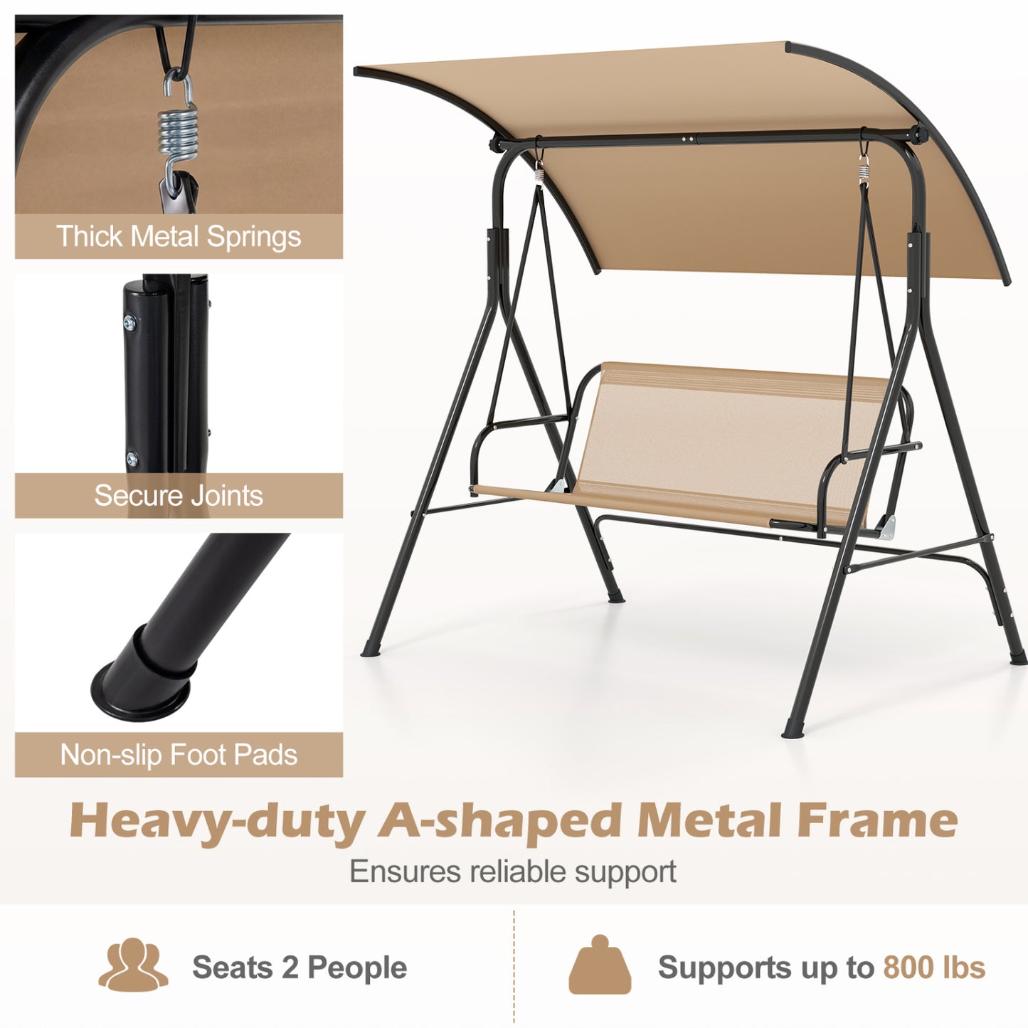 Patio Swing Chair with Adjustable Canopy & Removable Cushion and Metal Stand, Beige Porch Swings at Gallery Canada