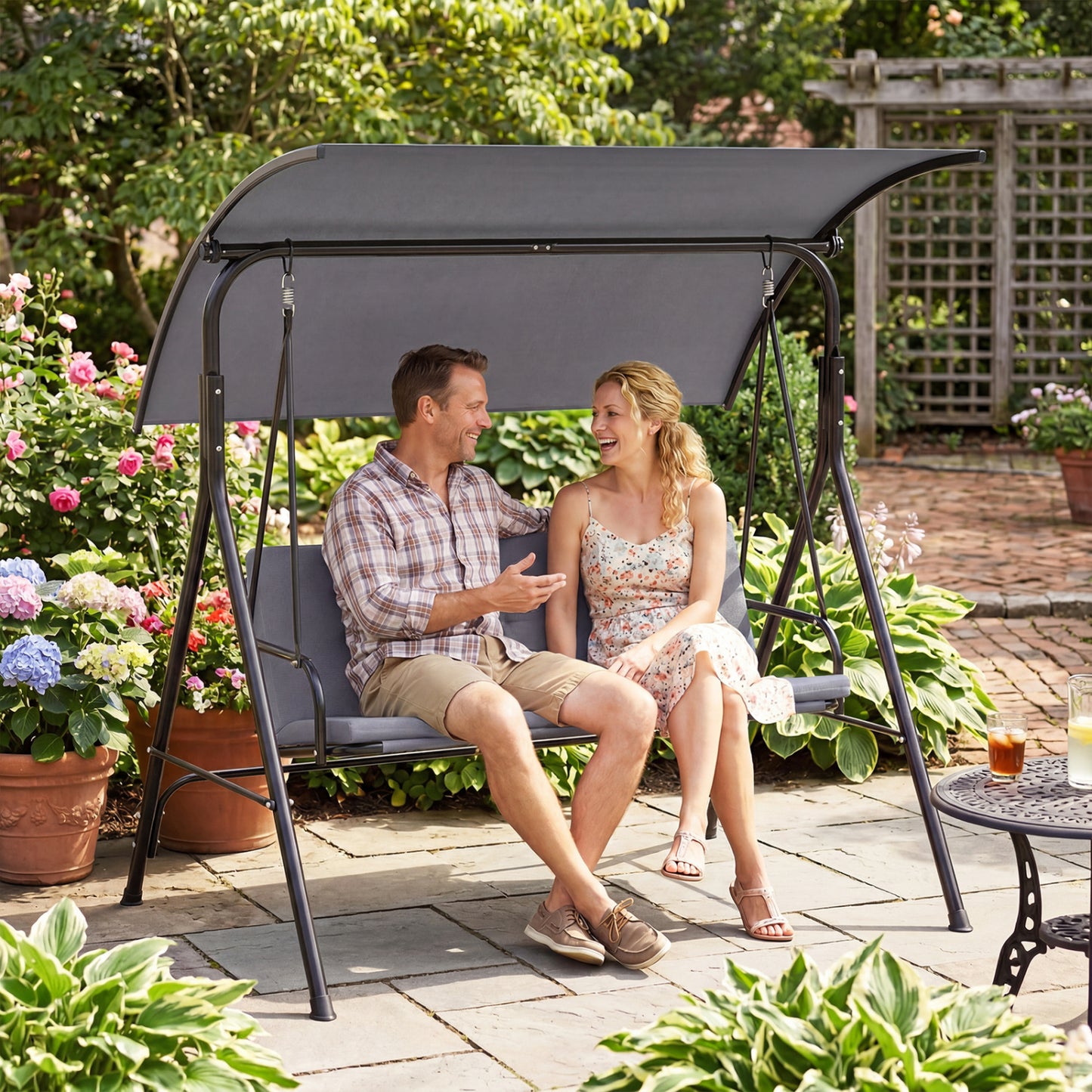 Patio Swing Chair with Adjustable Canopy & Removable Cushion and Metal Stand, Gray Porch Swings at Gallery Canada