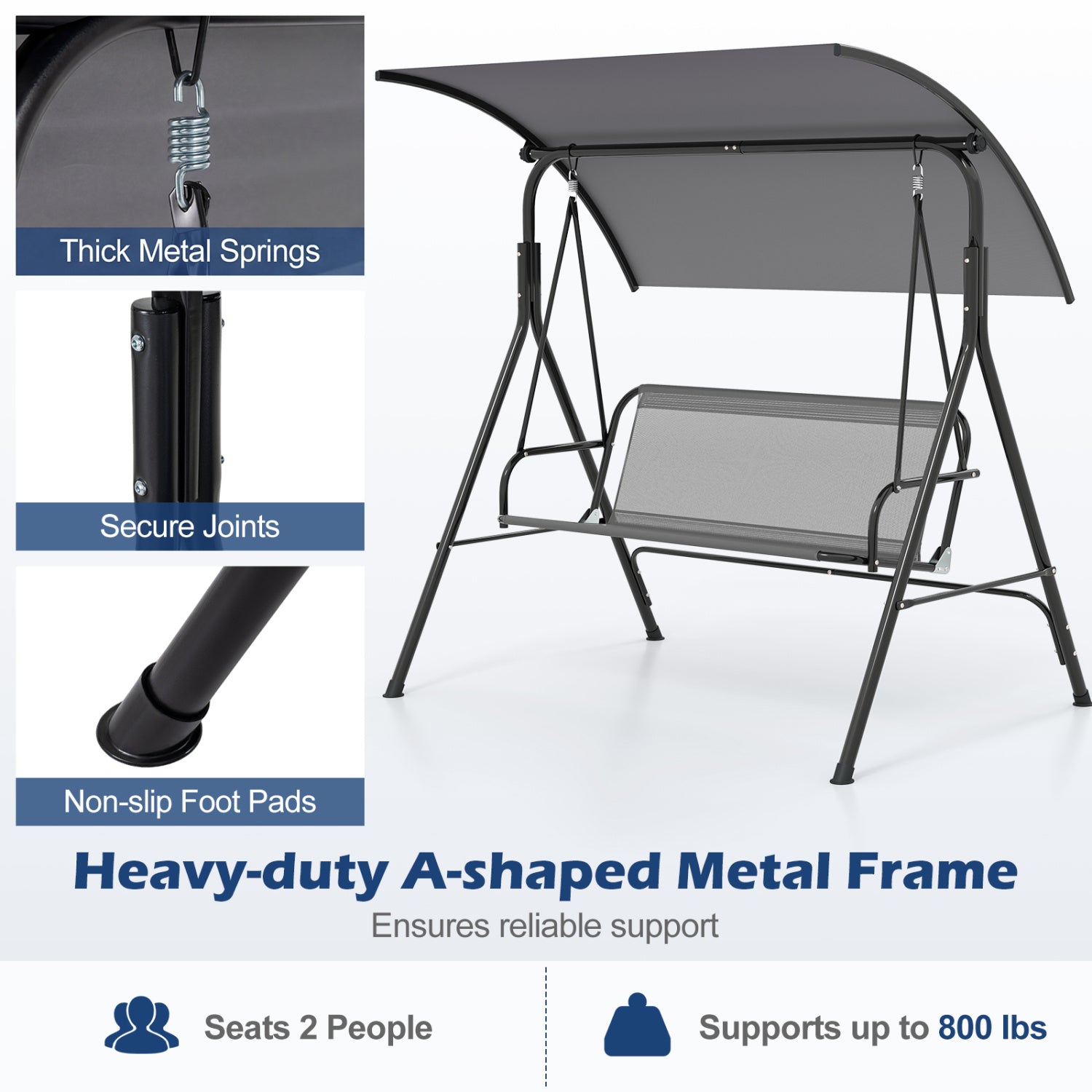 Patio Swing Chair with Adjustable Canopy & Removable Cushion and Metal Stand, Gray Porch Swings at Gallery Canada
