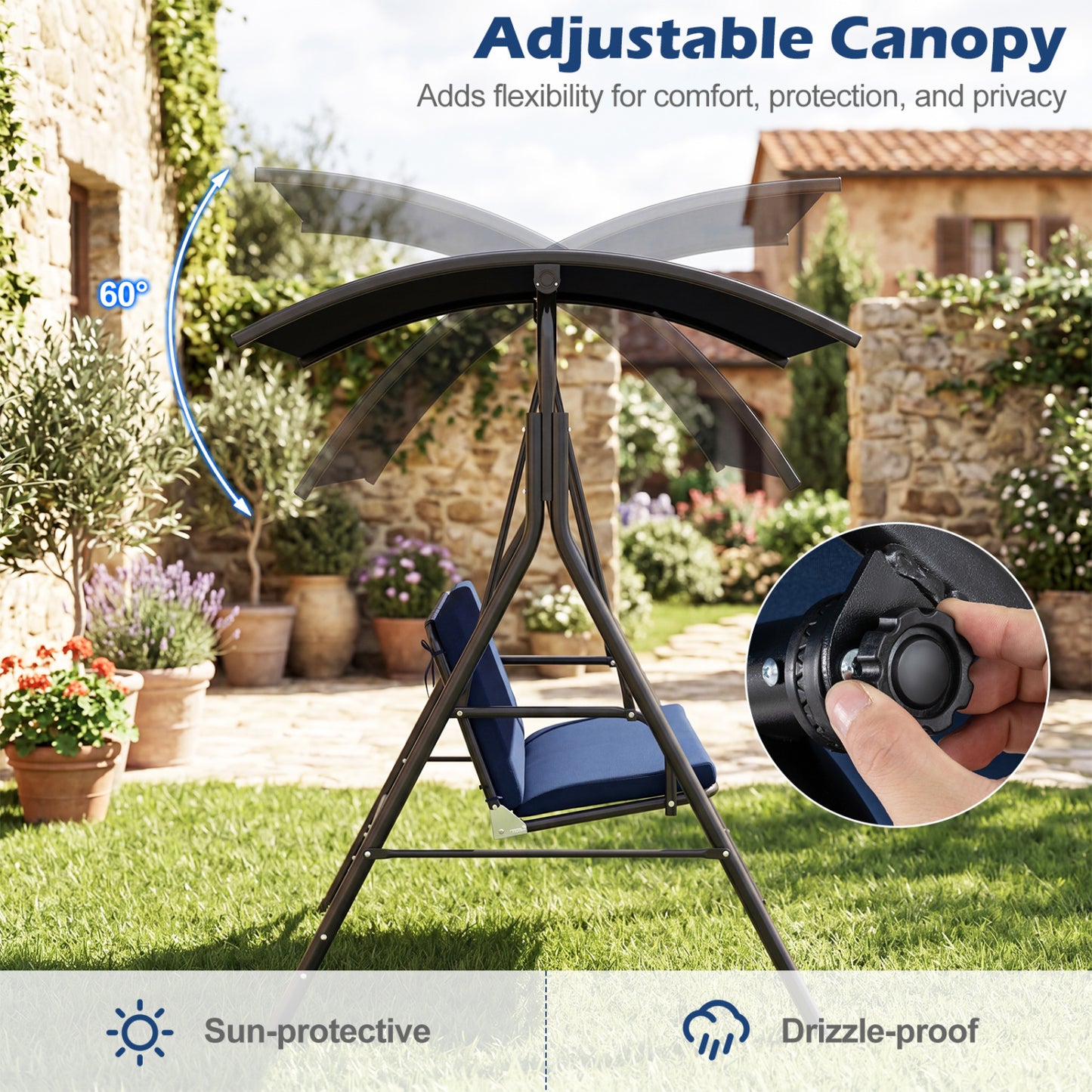 Patio Swing Chair with Adjustable Canopy & Removable Cushion and Metal Stand, Navy Porch Swings at Gallery Canada