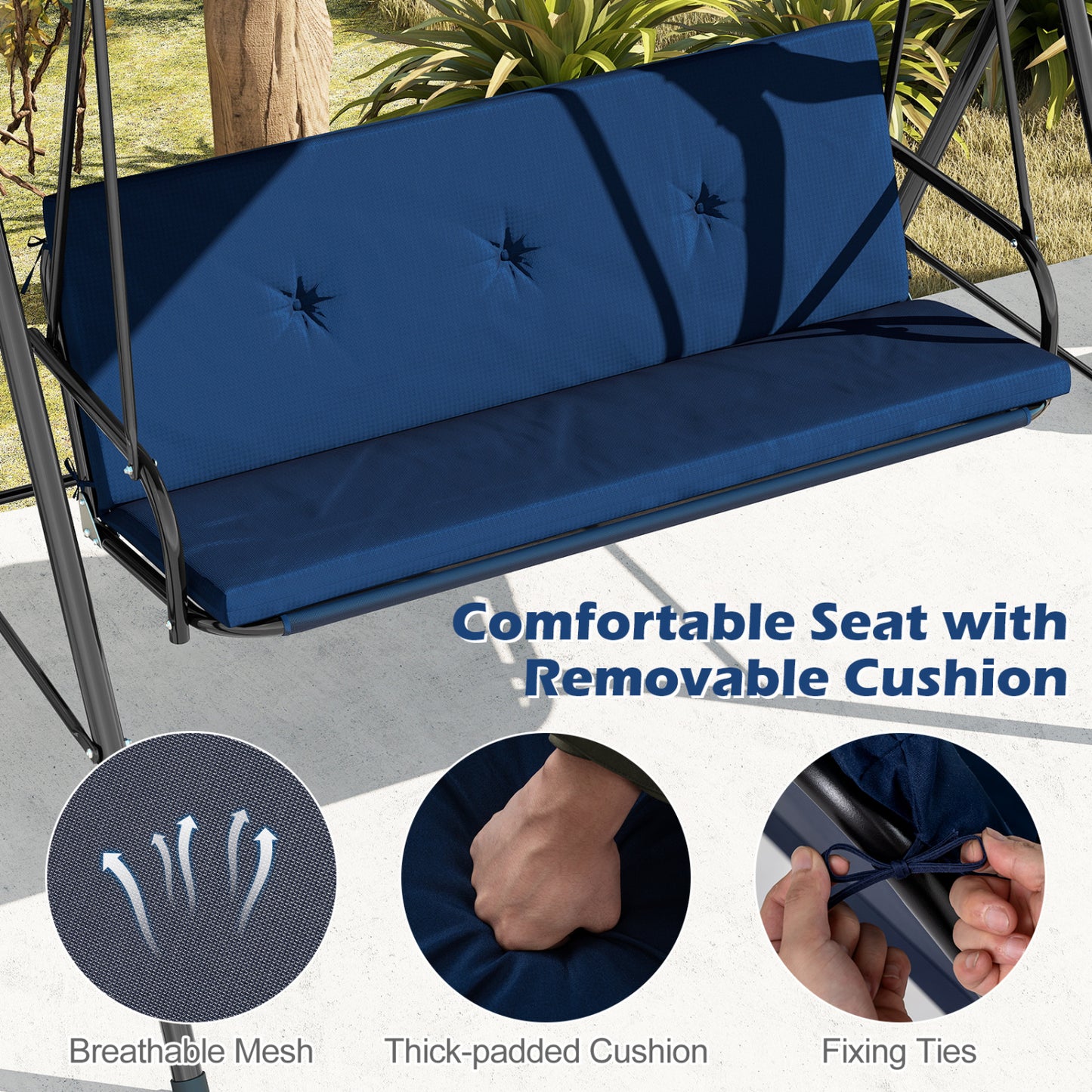 Patio Swing Chair with Adjustable Canopy & Removable Cushion and Metal Stand, Navy Porch Swings at Gallery Canada