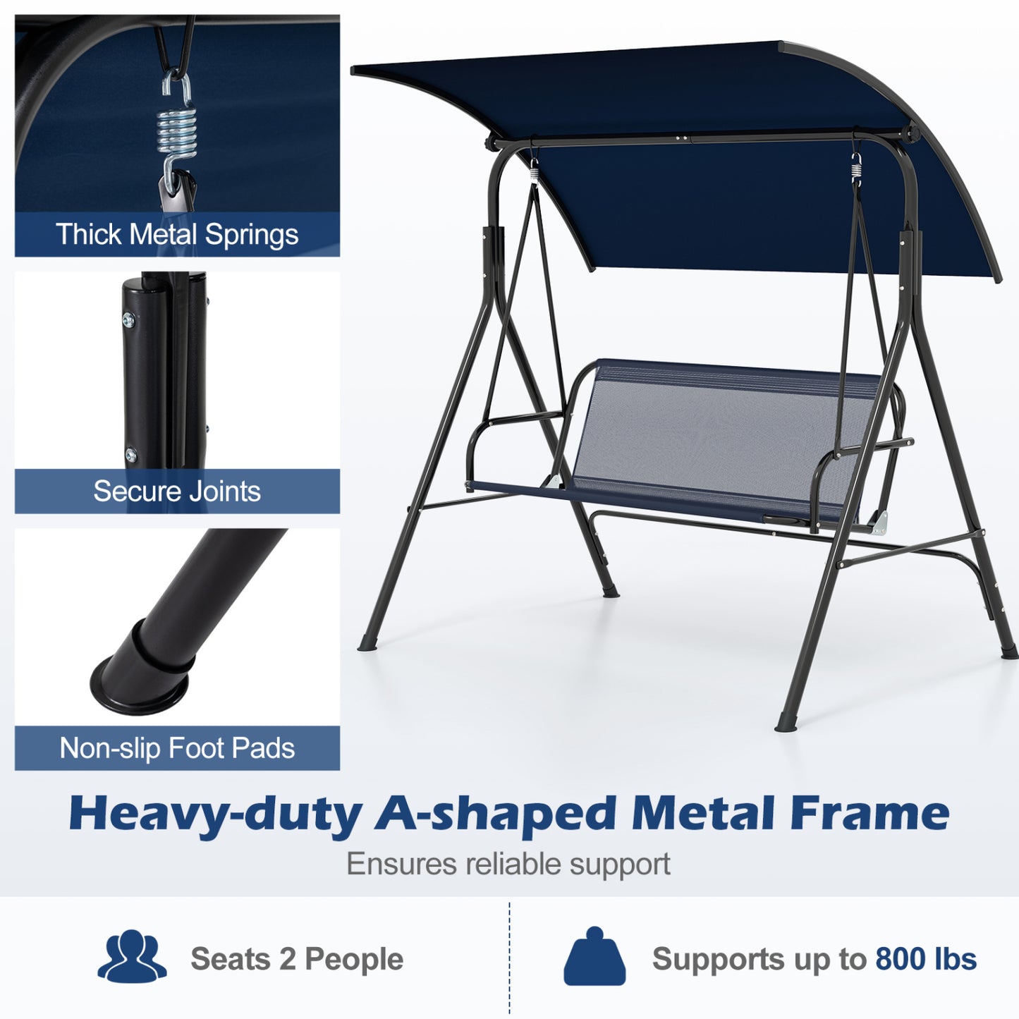 Patio Swing Chair with Adjustable Canopy & Removable Cushion and Metal Stand, Navy Porch Swings at Gallery Canada