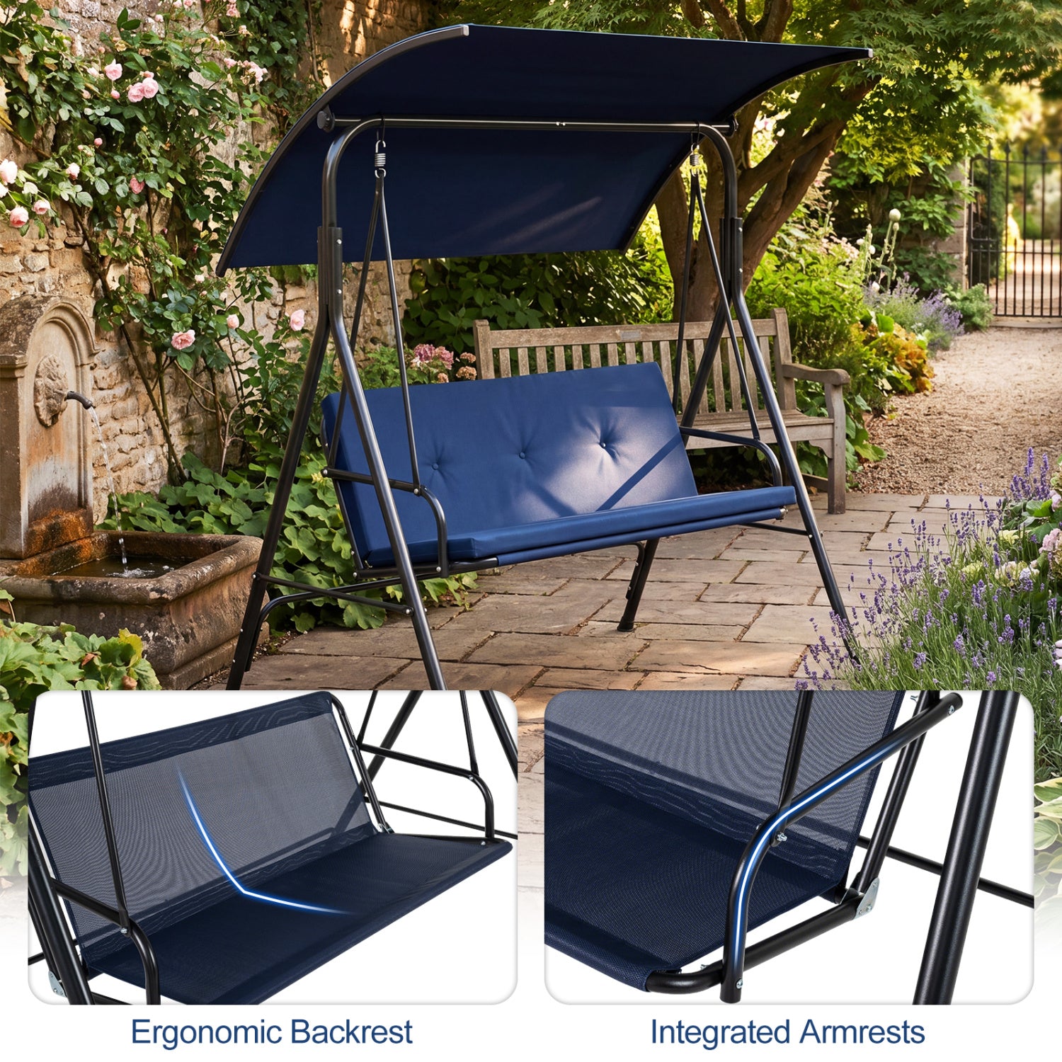 Patio Swing Chair with Adjustable Canopy & Removable Cushion and Metal Stand, Navy Porch Swings at Gallery Canada