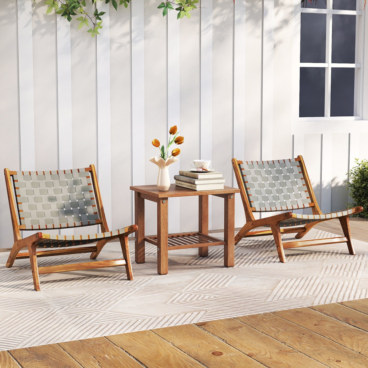 Patio Teak Wood Chair Outdoor Mid-Century Accent Chair with Nylon Webbing Seat Patio Dining Chairs at Gallery Canada