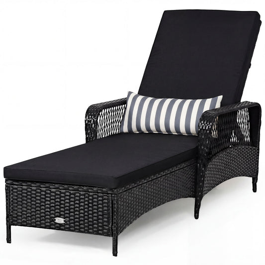 Wicker Chaise Lounge Chair, Wood Grain, Adjustable Backrest, Black Outdoor Chaise Lounges Black Wood Grain at Gallery Canada