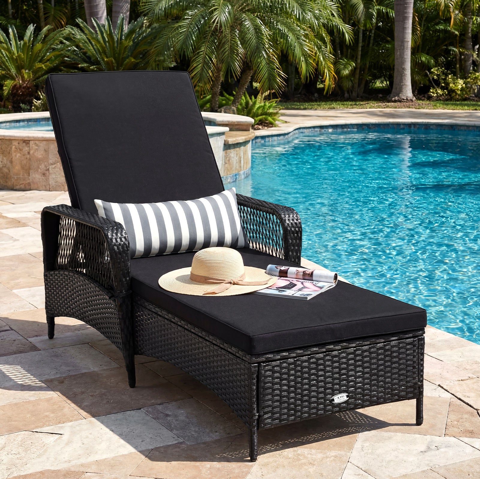 Wicker Chaise Lounge Chair, Wood Grain, Adjustable Backrest, Black Outdoor Chaise Lounges at Gallery Canada