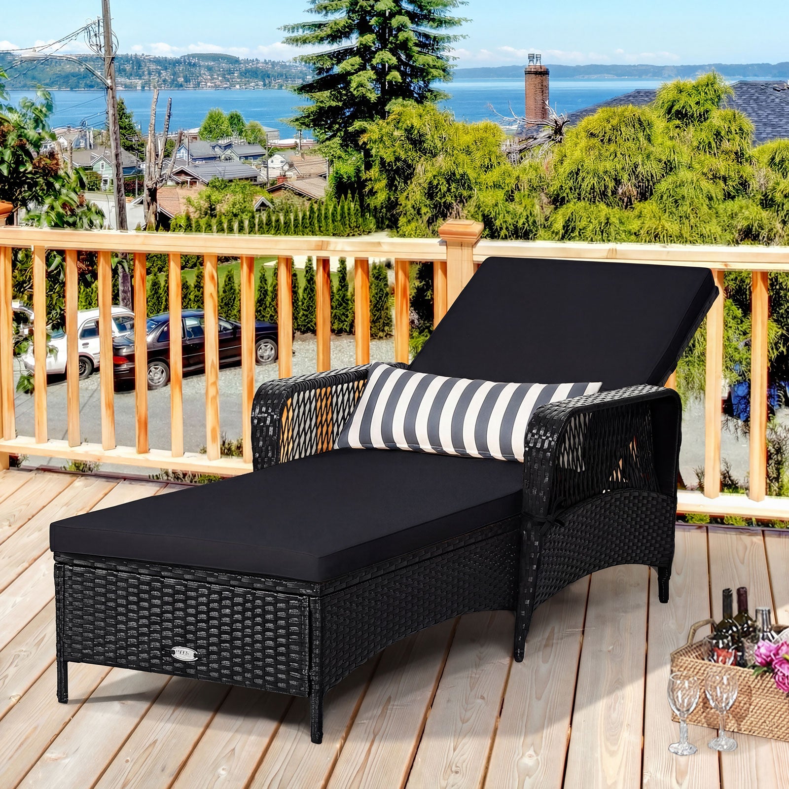 Wicker Chaise Lounge Chair, Wood Grain, Adjustable Backrest, Black Outdoor Chaise Lounges at Gallery Canada