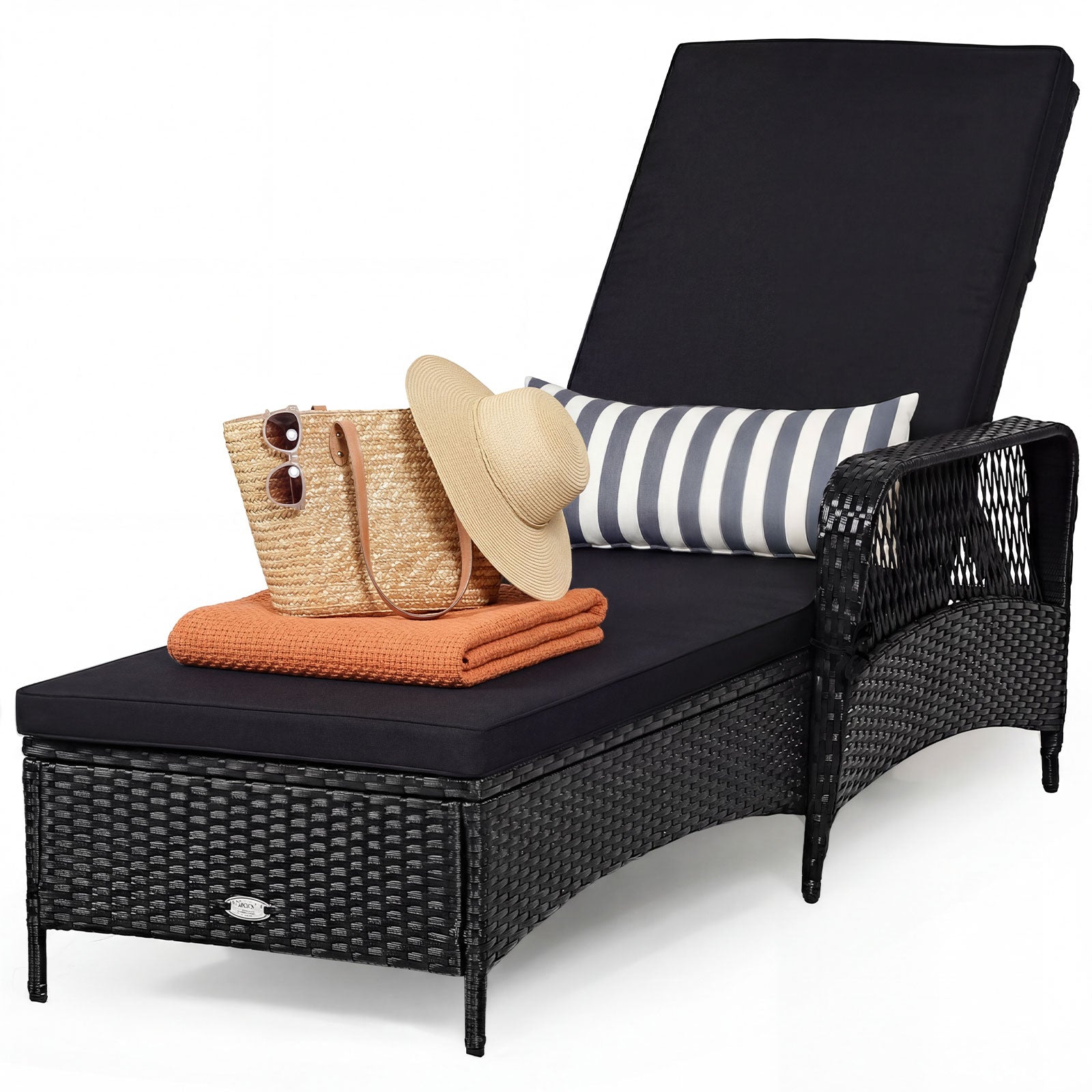 Wicker Chaise Lounge Chair, Wood Grain, Adjustable Backrest, Black Outdoor Chaise Lounges at Gallery Canada