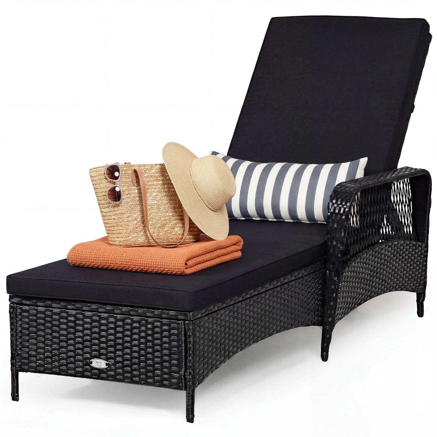 Wicker Chaise Lounge Chair, Wood Grain, Adjustable Backrest, Black Outdoor Chaise Lounges at Gallery Canada