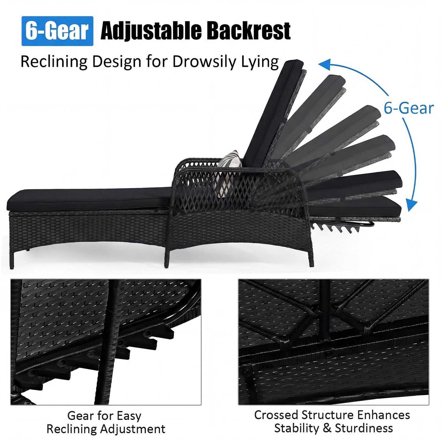 Wicker Chaise Lounge Chair, Wood Grain, Adjustable Backrest, Black Outdoor Chaise Lounges at Gallery Canada
