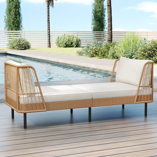 Patio Wicker Daybed Outdoor Boho Rattan Loveseat Sofa with Seat and Back Cushions, White