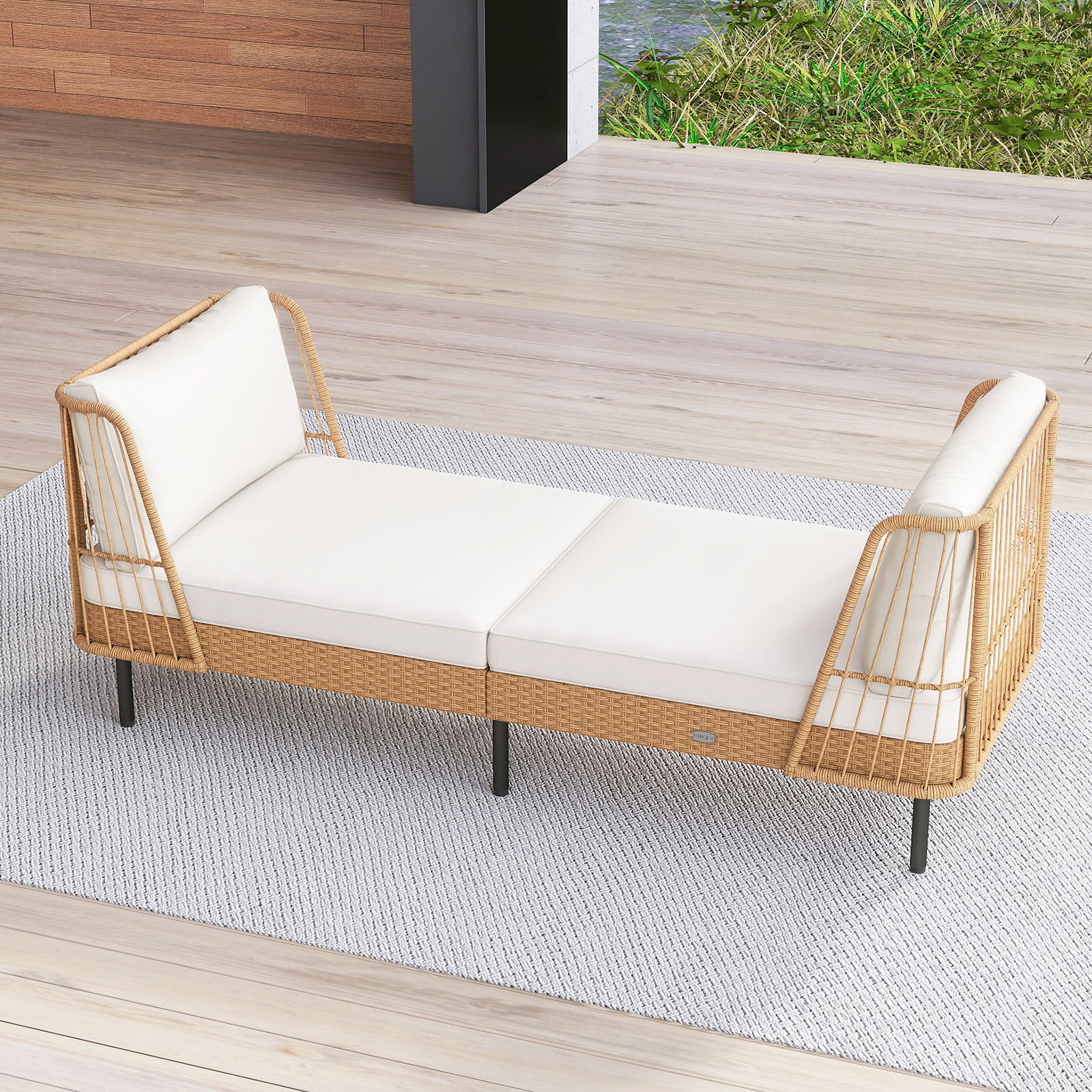 Patio Wicker Daybed Outdoor Boho Rattan Loveseat Sofa with Seat and Back Cushions, White Outdoor Sectionals at Gallery Canada
