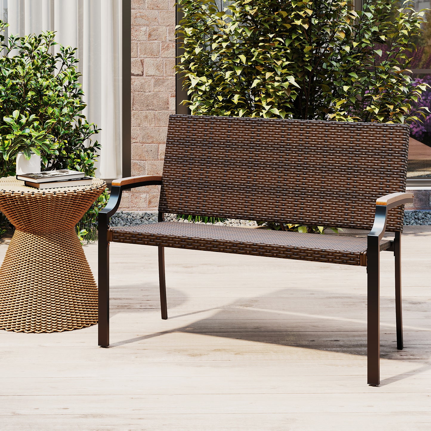 Patio Wicker Loveseat Chair, Acacia Wood Armrests, Metal Frame, Brown Patio Rocking Chairs & Gliders at Gallery Canada