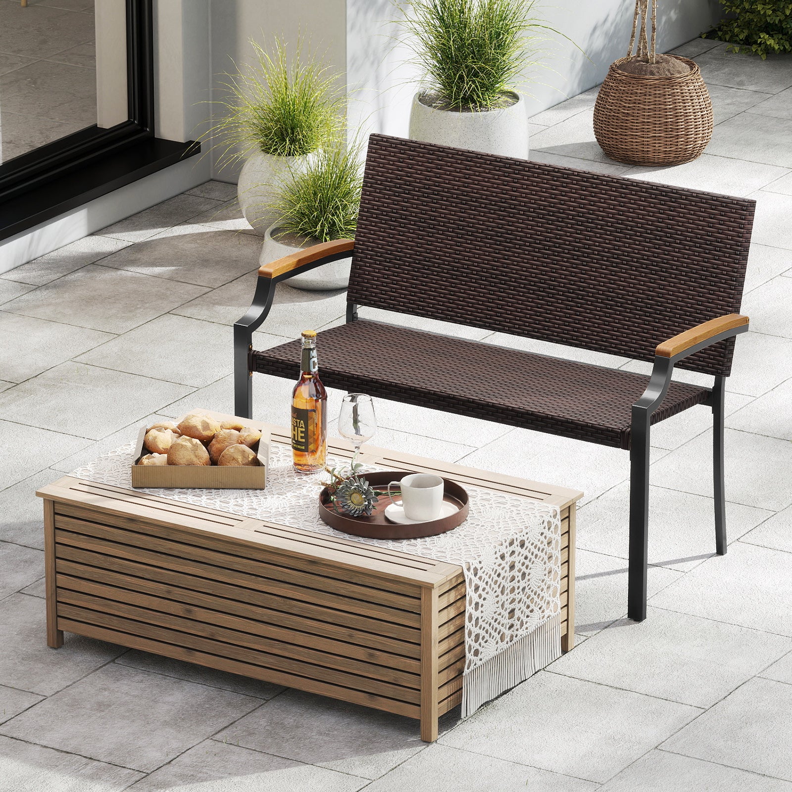 Patio Wicker Loveseat Chair, Acacia Wood Armrests, Metal Frame, Brown Patio Rocking Chairs & Gliders at Gallery Canada