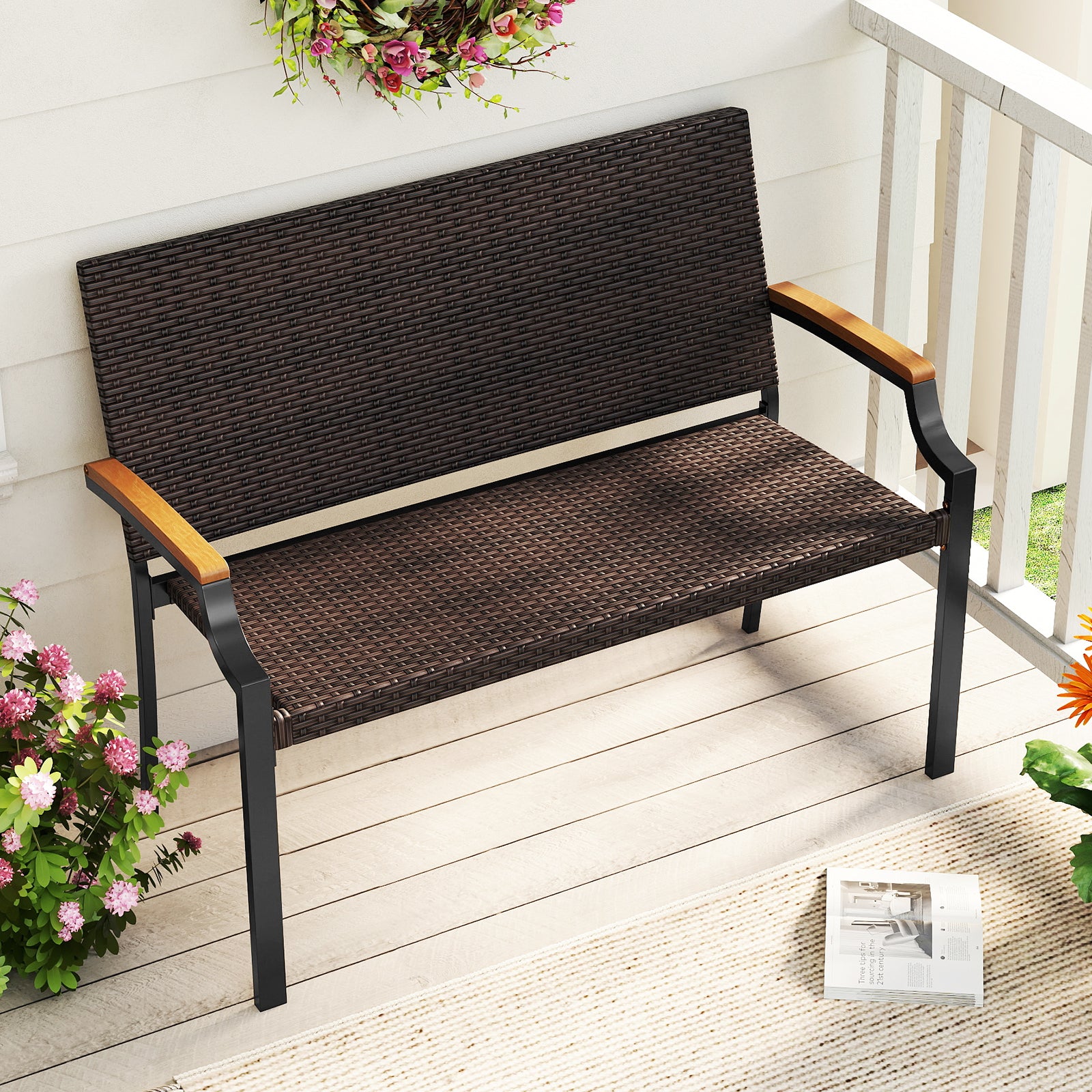 Patio Wicker Loveseat Chair, Acacia Wood Armrests, Metal Frame, Brown Patio Rocking Chairs & Gliders at Gallery Canada