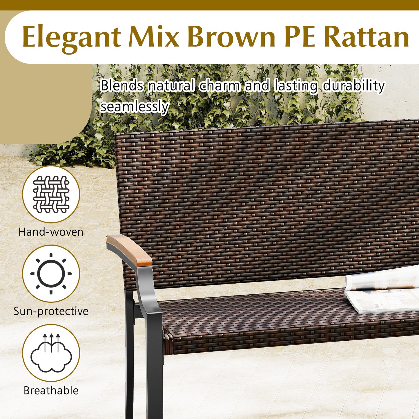 Patio Wicker Loveseat Chair, Acacia Wood Armrests, Metal Frame, Brown Patio Rocking Chairs & Gliders at Gallery Canada