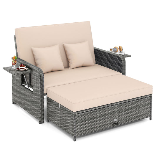 Patio Wicker Loveseat Sofa with Ottoman, Side Tray, Beige Patio Furniture Sets Beige at Gallery Canada