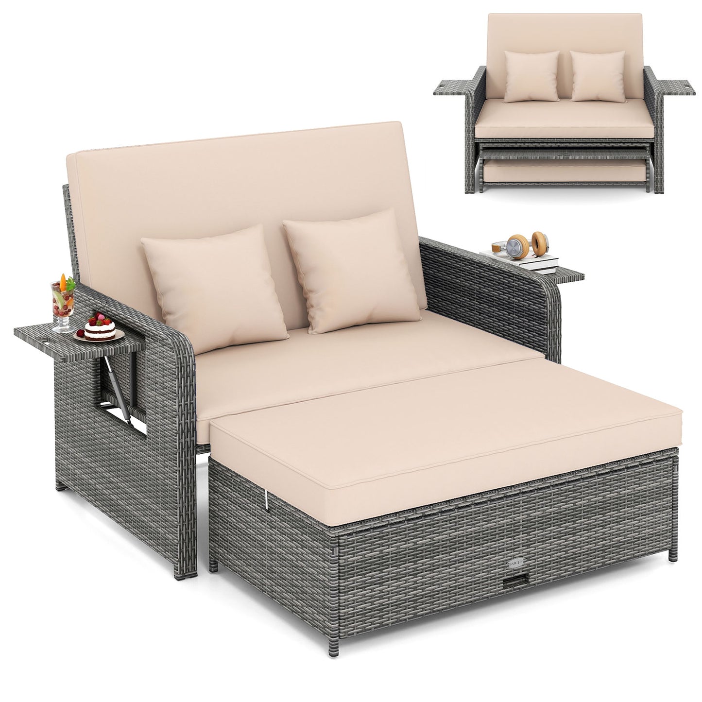 Canapé deux places en osier de patio avec ottoman, plateau latéral, beige