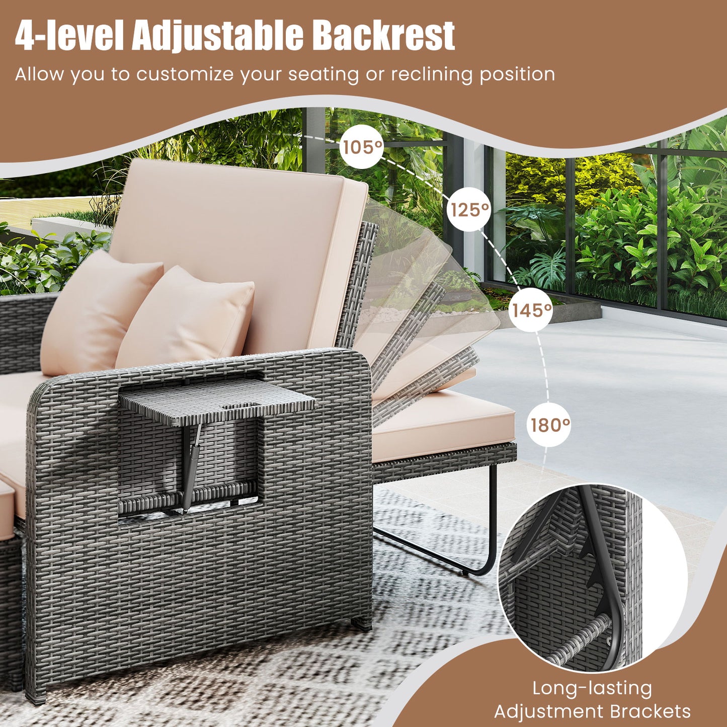 Canapé deux places en osier de patio avec ottoman, plateau latéral, beige