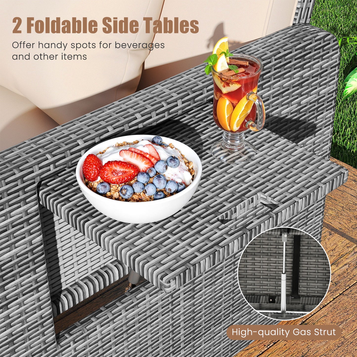 Canapé deux places en osier de patio avec ottoman, plateau latéral, beige