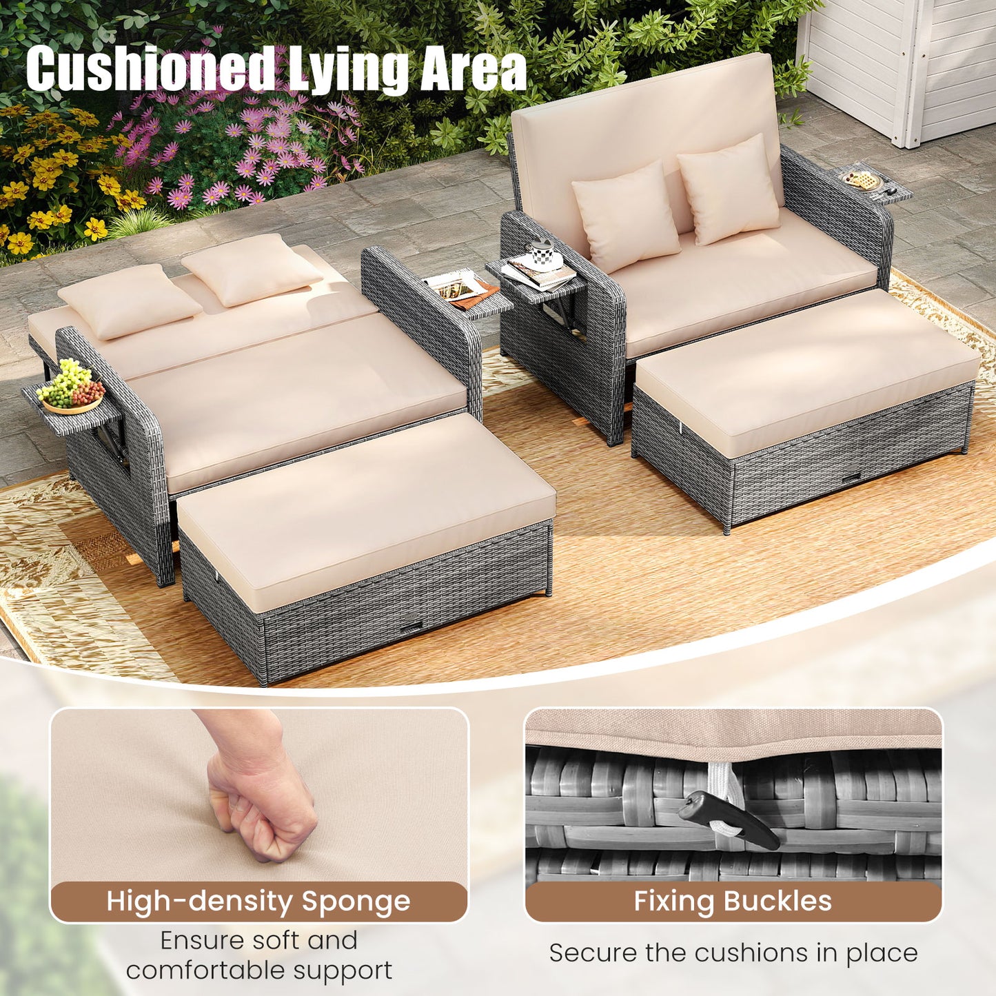 Canapé deux places en osier de patio avec ottoman, plateau latéral, beige