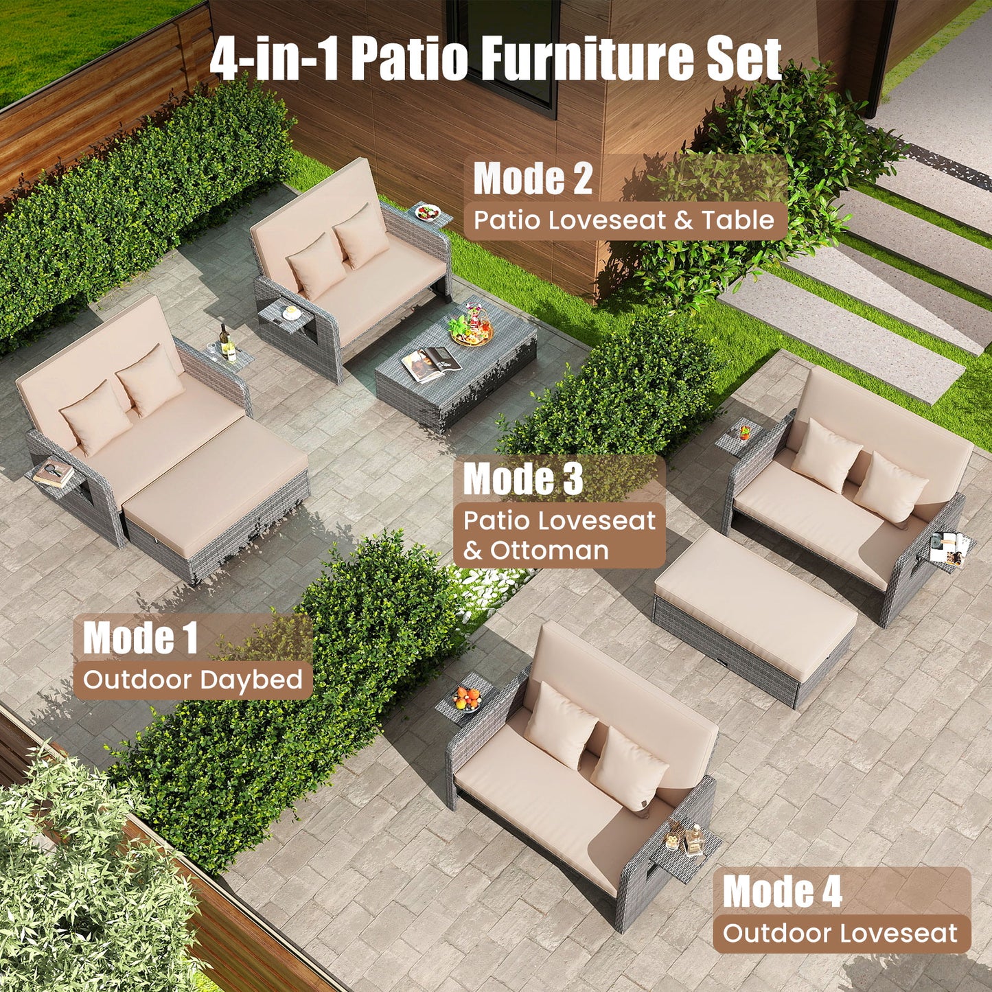 Canapé deux places en osier de patio avec ottoman, plateau latéral, beige