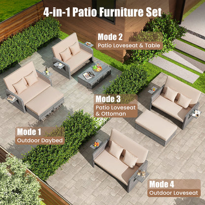 Canapé deux places en osier de patio avec ottoman, plateau latéral, beige
