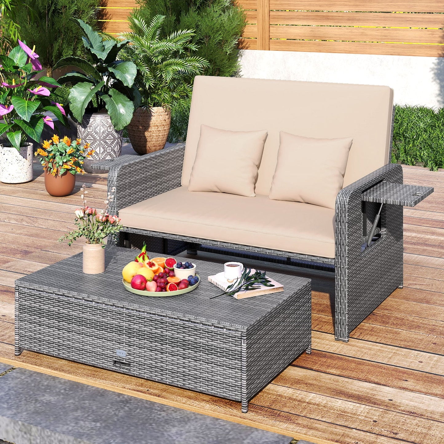 Canapé deux places en osier de patio avec ottoman, plateau latéral, beige