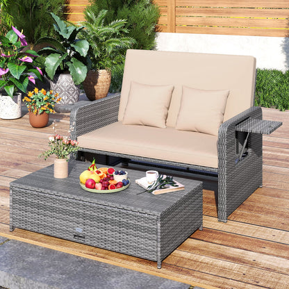 Canapé deux places en osier de patio avec ottoman, plateau latéral, beige