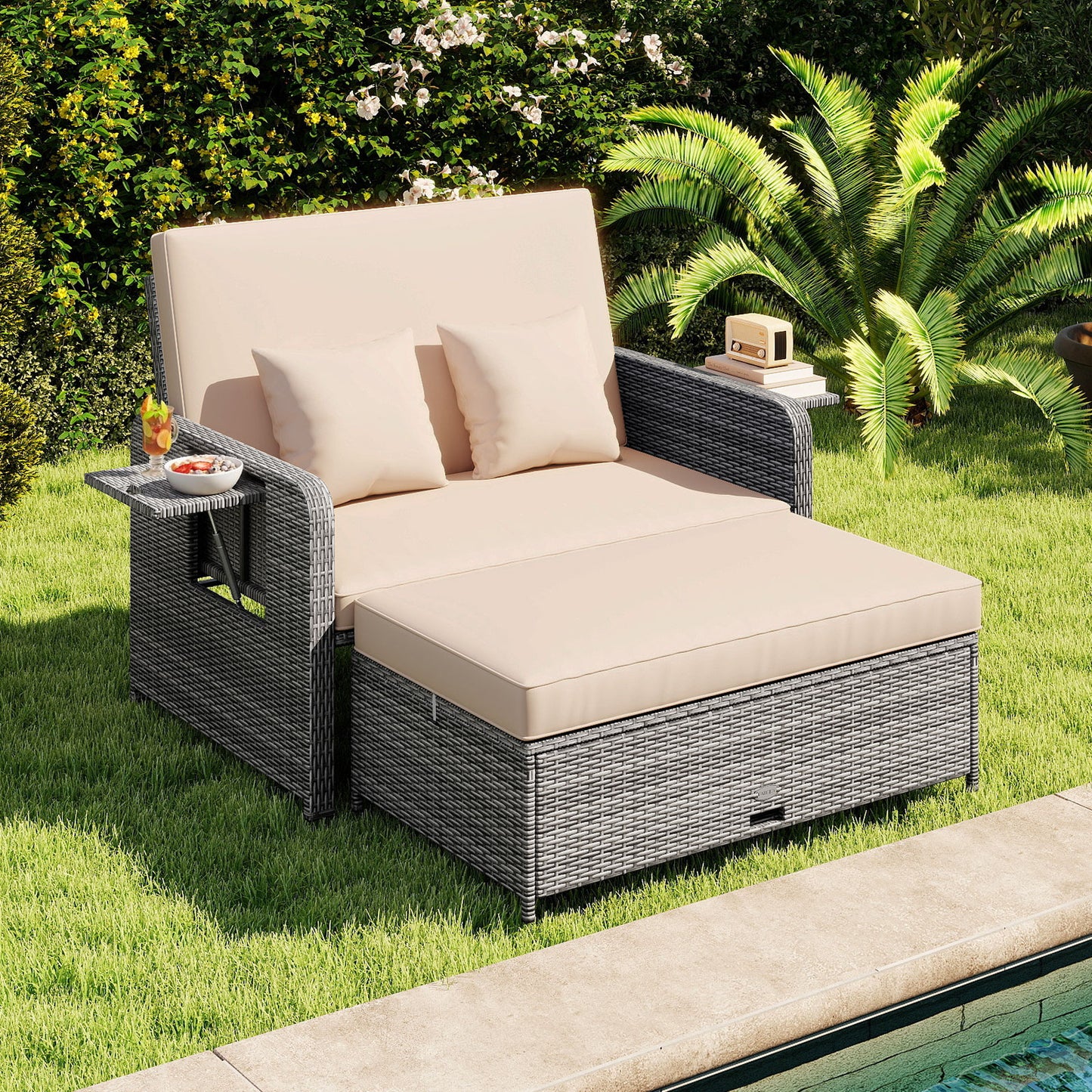 Canapé deux places en osier de patio avec ottoman, plateau latéral, beige