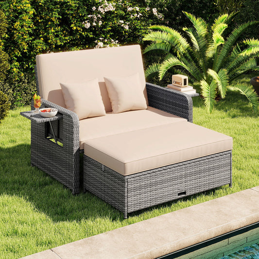 Patio Wicker Loveseat Sofa with Ottoman, Side Tray, Beige Patio Furniture Sets Beige at Gallery Canada