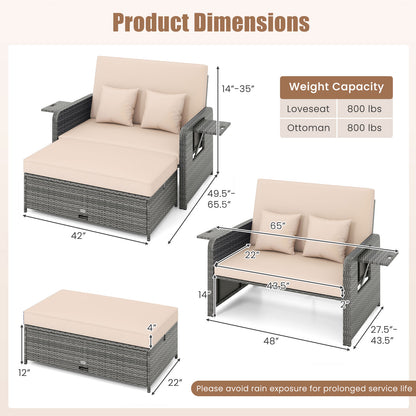 Canapé deux places en osier de patio avec ottoman, plateau latéral, beige