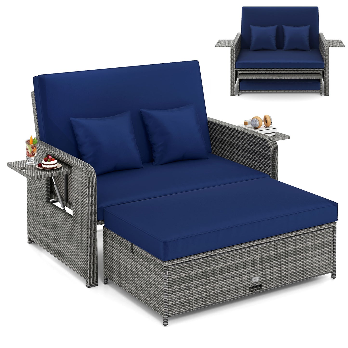 Canapé deux places en osier pour patio, pouf, plateau latéral, marine