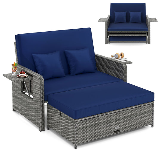 Patio Wicker Loveseat Sofa, Ottoman, Side Tray, Navy Patio Furniture Sets Navy at Gallery Canada