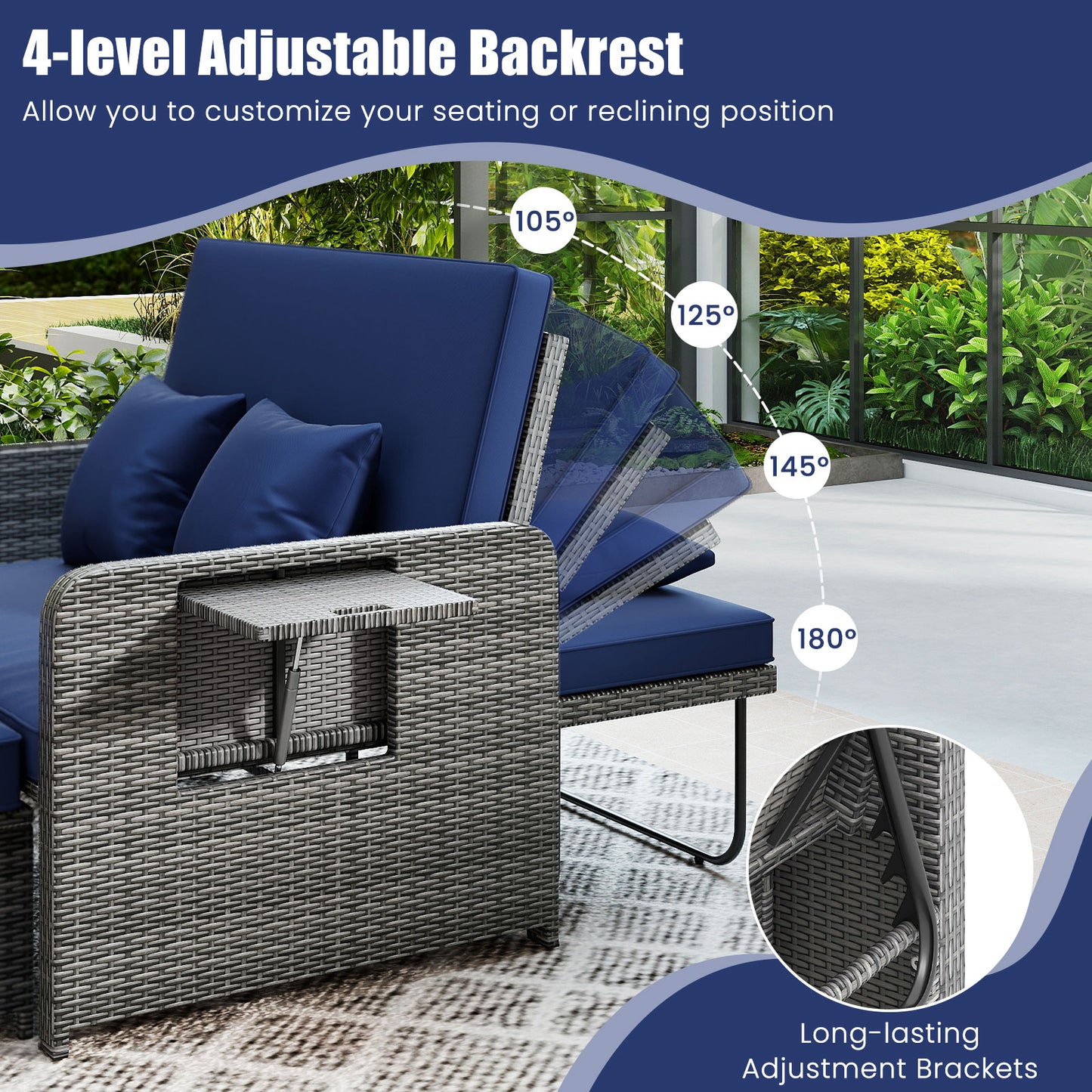 Canapé deux places en osier pour patio, pouf, plateau latéral, marine