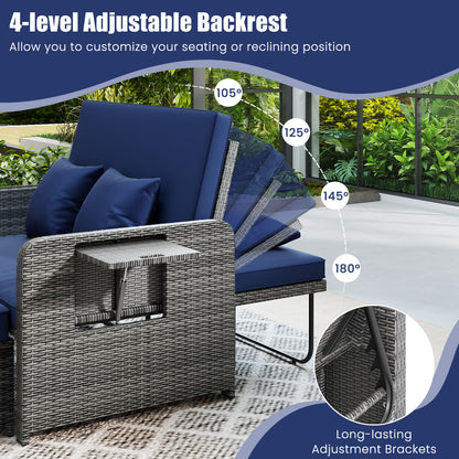 Canapé deux places en osier pour patio, pouf, plateau latéral, marine