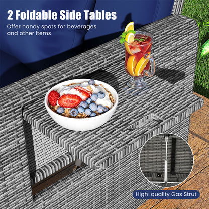 Canapé deux places en osier pour patio, pouf, plateau latéral, marine